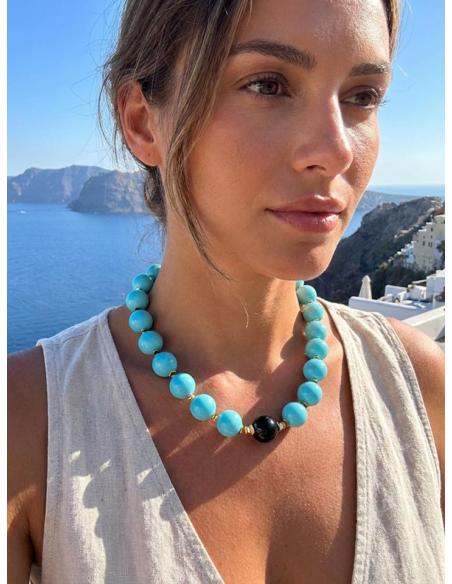 COLLAR MUJER CORTO AZUL TURQUESA Y PIEDRA NEGRA | LOOK ELEGANTE
