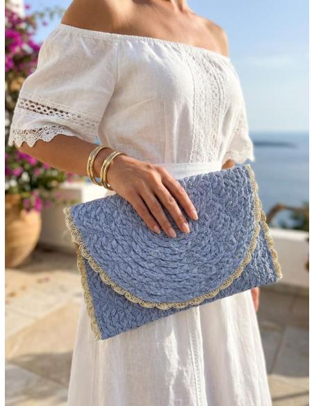 BOLSOS RAFIA AZUL LAVANDA CARTERA CON RIBETE | PRIMAVERA VERANO