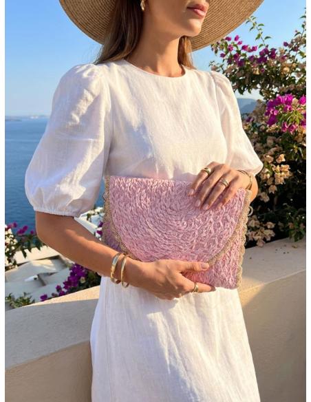 BOLSOS RAFIA ROSA BEBE CARTERA CON RIBETE | PRIMAVERA VERANO