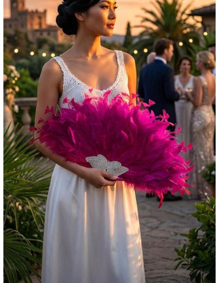 ABANICOS DE FIESTA CON PEDRERIA Y PLUMAS FUCSIAS | BODA Y EVENTO