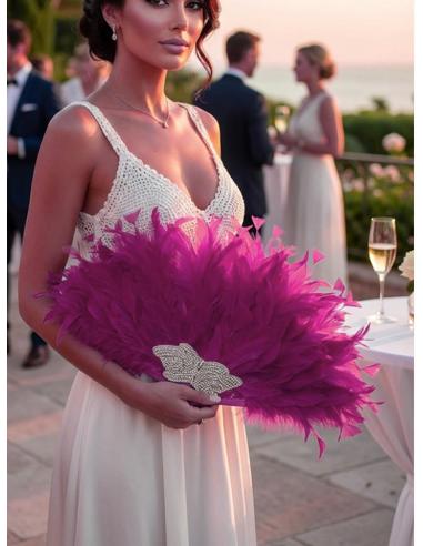 ABANICOS DE FIESTA CON PEDRERIA Y PLUMAS FUCSIAS | BODA Y EVENTO