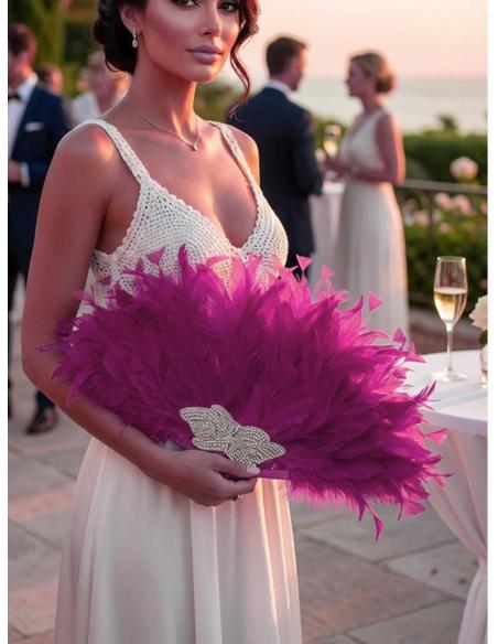 ABANICOS DE FIESTA CON PEDRERIA Y PLUMAS FUCSIAS | BODA Y EVENTO