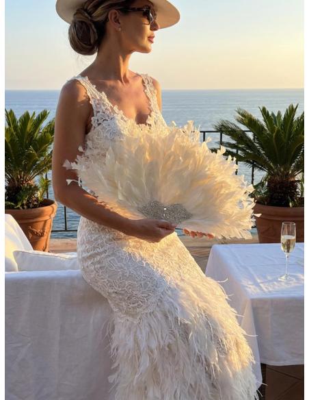 ABANICOS DE FIESTA PEDRERIA Y PLUMAS BLANCO ROTO | BODA Y EVENTO