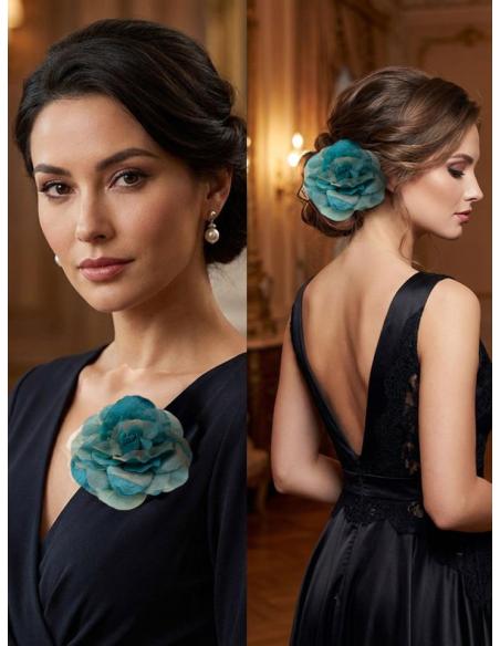 FLORES BODA Y FIESTA DE TELA AZULES PETROLEO | GRANDES PINZA Y BROCHE