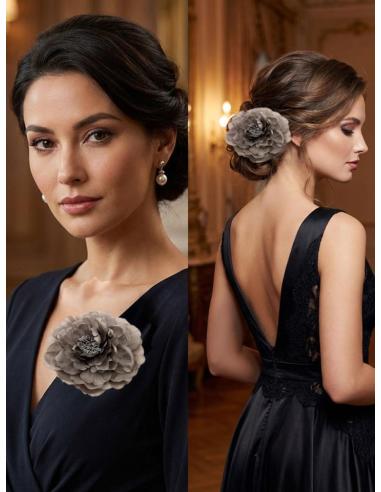FLORES BODA Y FIESTA GRISES OSCURO DE TELA | PINZA Y BROCHE