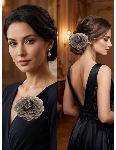 FLORES BODA Y FIESTA GRISES OSCURO DE TELA | PINZA Y BROCHE