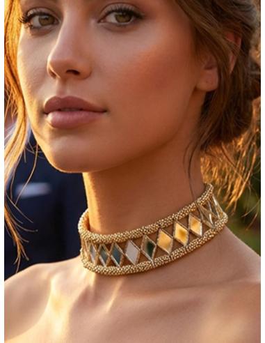 CHOKER MUJER FAVORECEDOR EN DORADO Y ROMBO ESPEJO | COLLAR MODA
