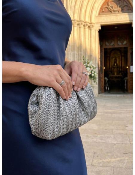 BOLSO DE INVITADA PLATEADO RAFIA CON BOQUILLA | GRAN CAPACIDAD