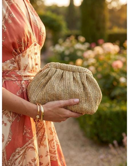 BOLSO DE INVITADA DORADO DE RAFIA CON BOQUILLA | GRAN CAPACIDAD