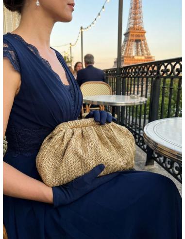 BOLSO DE INVITADA DORADO DE RAFIA CON BOQUILLA | GRAN CAPACIDAD