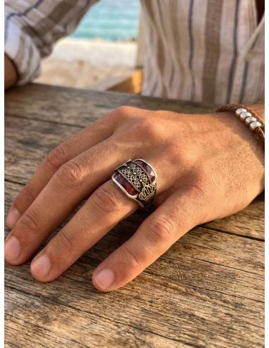 ANILLOS PLATA DE HOMBRE SELLO CUADRADO GRANATE | JOYA CABALLERO