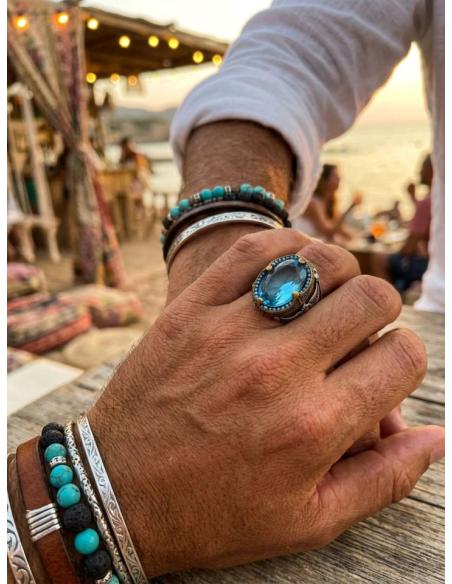 ANILLOS HOMBRE DE PLATA SELLO AZUL TURQUESA | JOYA ELEGANTE