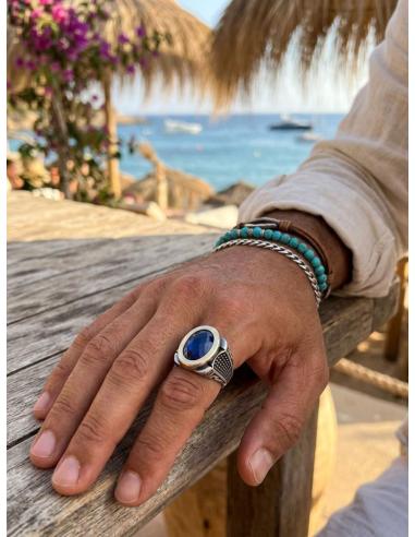 ANILLOS PLATA HOMBRE SELLO PIEDRA FACETADA NEGRA | JOYA CASUAL