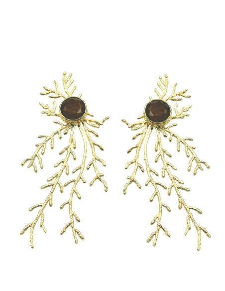 PENDIENTES LARGOS DORADOS PIEDRA MARRON | INVITADA BODA,GALA