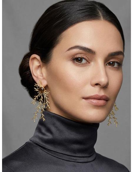 PENDIENTES LARGOS DORADOS PIEDRA MARRON | INVITADA BODA,GALA