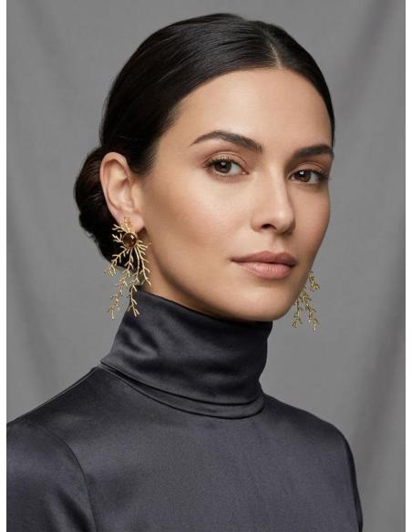 PENDIENTES LARGOS DORADOS PIEDRA MARRON | INVITADA BODA,GALA
