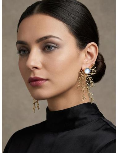 PENDIENTES LARGOS DORADOS PIEDRA BLANCA | INVITADA BODA,GALA