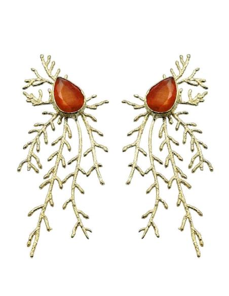 PENDIENTES LARGOS DORADOS PIEDRA NARANJA | INVITADA BODA,GALA