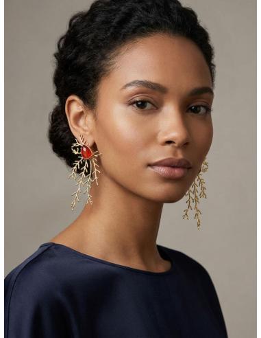 PENDIENTES LARGOS DORADOS PIEDRA NARANJA | INVITADA BODA,GALA