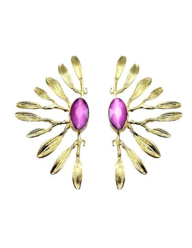 PENDIENTES MUJER ABANICO DORADO PIEDRA ROSA SUAVE | BODA GALA