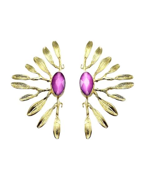 PENDIENTES MUJER ABANICO DORADO PIEDRA ROSA SUAVE | BODA GALA