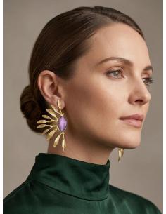 PENDIENTES MUJER ABANICO DORADO PIEDRA ROSA SUAVE | BODA GALA 2