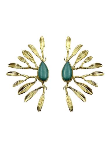 PENDIENTES MUJER ABANICO DORADO PIEDRA VERDE AGUA | BODA GALA