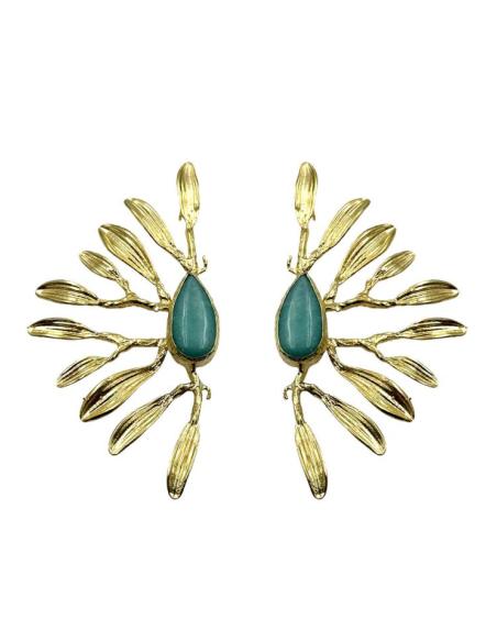 PENDIENTES MUJER ABANICO DORADO PIEDRA VERDE AGUA | BODA GALA