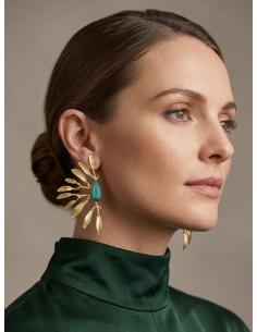 PENDIENTES MUJER ABANICO DORADO PIEDRA VERDE AGUA | BODA GALA 2