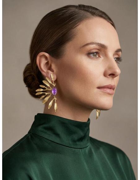 PENDIENTES MUJER ABANICO DORADO PIEDRA LILA PASTEL | BODA GALA