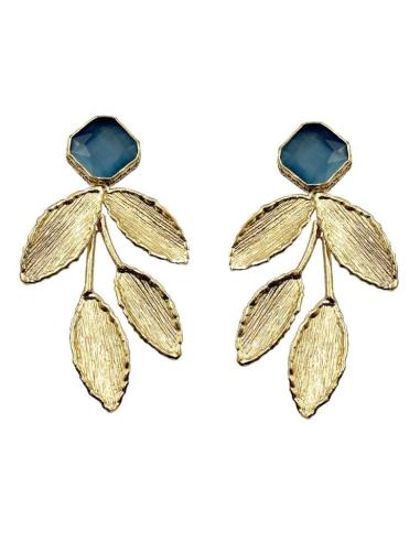 PENDIENTES DORADOS LARGOS HOJA Y PIEDRA AZUL CLARO | MADRINA INVITADA BODA