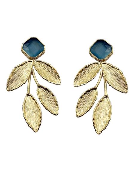PENDIENTES DORADOS LARGOS HOJA Y PIEDRA AZUL CLARO | MADRINA INVITADA BODA