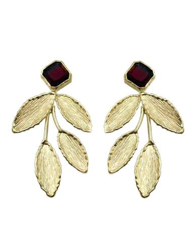 PENDIENTES DORADOS LARGOS HOJAS Y PIEDRA MARRON | MADRINA INVITADA BODA