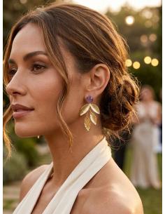 PENDIENTES DORADOS LARGOS HOJAS Y PIEDRA ROSA | MADRINA INVITADA BODA 2