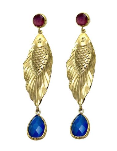 PENDIENTES MUJER LARGOS PEZ DORADO CON PIEDRA ROSA | BAÑO ORO