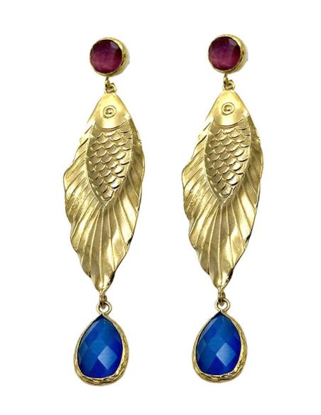 PENDIENTES MUJER LARGOS PEZ DORADO CON PIEDRA ROSA | BAÑO ORO