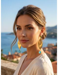 PENDIENTES MUJER LARGOS PEZ DORADO Y PIEDRA VERDE | BAÑO ORO 2