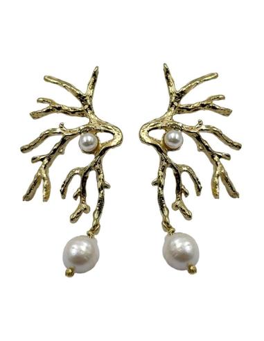 PENDIENTE MUJER LARGO RAMA CORAL DORADA Y PERLAS | GALA Y BODA