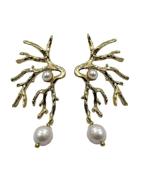 PENDIENTE MUJER LARGO RAMA CORAL DORADA Y PERLAS | GALA Y BODA