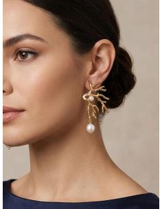 PENDIENTE MUJER LARGO RAMA CORAL DORADA Y PERLAS | GALA Y BODA 2