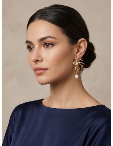 PENDIENTE MUJER LARGO RAMA CORAL DORADA Y PERLAS | GALA Y BODA
