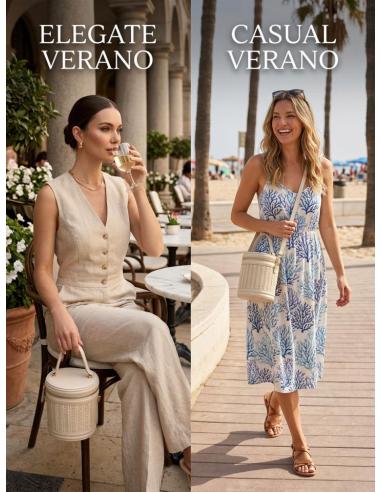 BOLSO MUJER RAFIA BEIGE ROTO REDONDO ASA DE MANO | VERANO BAUTIZO COMUNION