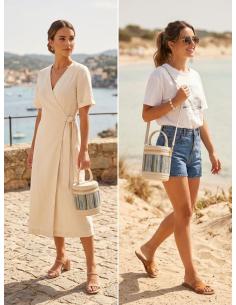 BOLSO MUJER RAFIA AZUL FORMA REDONDA Y ASA DE MANO | VERANO BAUTIZO COMUNION 2