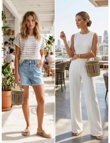 BOLSO MUJER RAFIA DE COLORES FORMA REDONDA DE MANO | VERANO BAUTIZO COMUNION