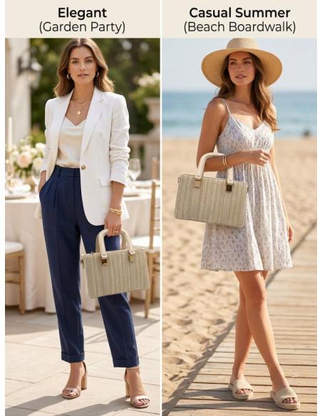 BOLSOS VERANO RAFIA DOBLE ASA DE MANO EN BEIGE | MUJER BAUTIZO COMUNION