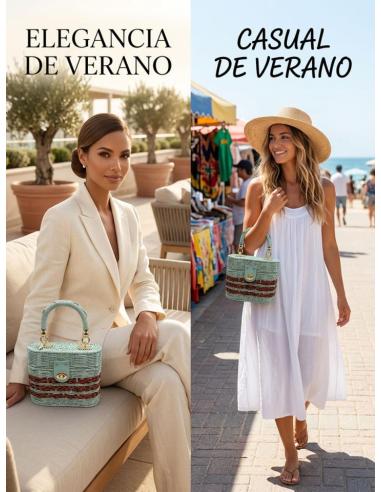 BOLSOS ORIGINALES RAFIA FORMA COFRE AZUL DE ASA | DE MANO VERANO