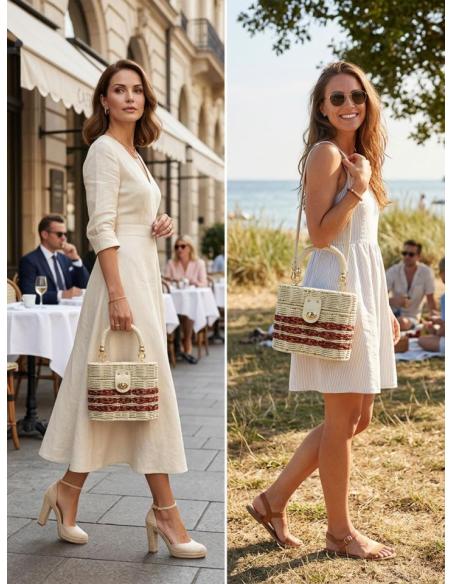 BOLSOS ORIGINALES RAFIA FORMA CESTA DE ASA BEIGE | DE MANO VERANO