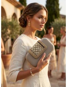BOLSO INVITADA BODA MARRON CLARO SOLAPA DECORADA | CLUTCH VERANO 2