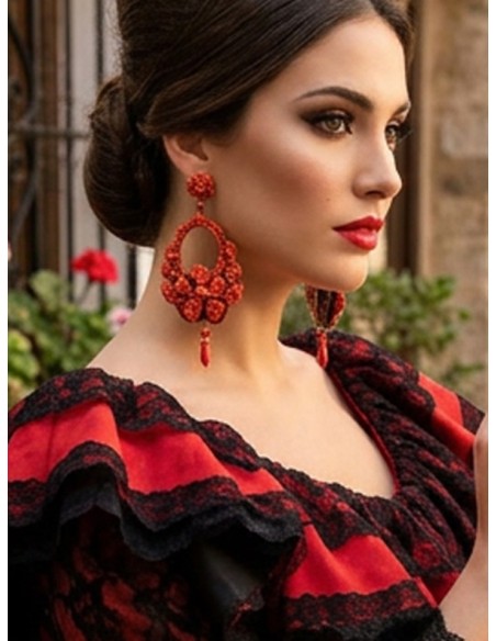 PENDIENTES DE CORAL LARGOS ALTA BISIUTERIA ESPECTACULAR DISEÑO FLAMENCO