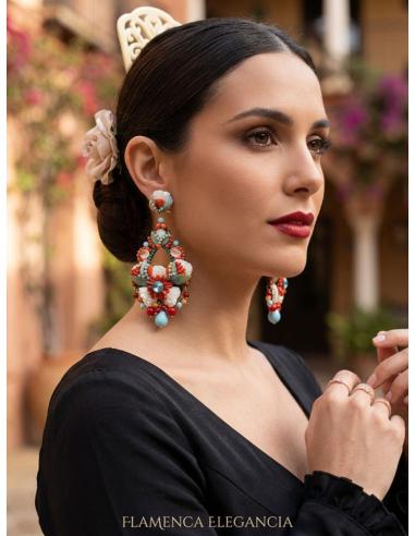 PENDIENTES INVITADA BODA LARGOS CORAL Y TURQUESA | TRAJE FLAMENCA